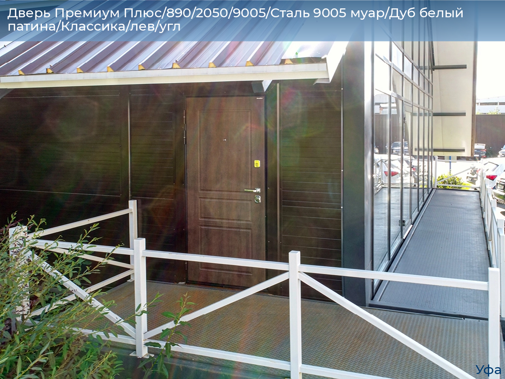 Дверь Премиум Плюс/890/2050/9005/Сталь 9005 муар/Дуб белый патина/Классика/лев/угл, www.ufa.doorhan.ru